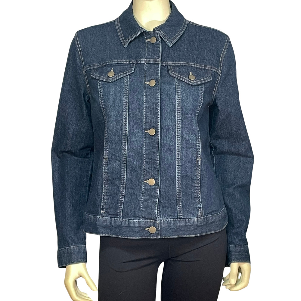 Charter Club Women's Sz S Denim Jean Jacket Trucker Style Lace-Up Cuffs Dk Blue